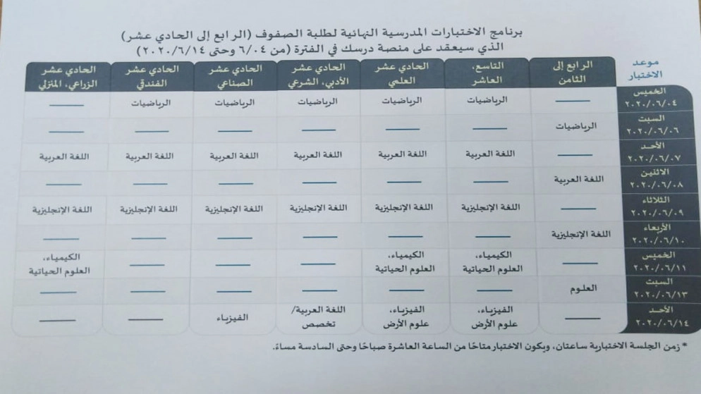 إعلان برنامج الاختبارات النهائية للصفوف من 4 حتى 11